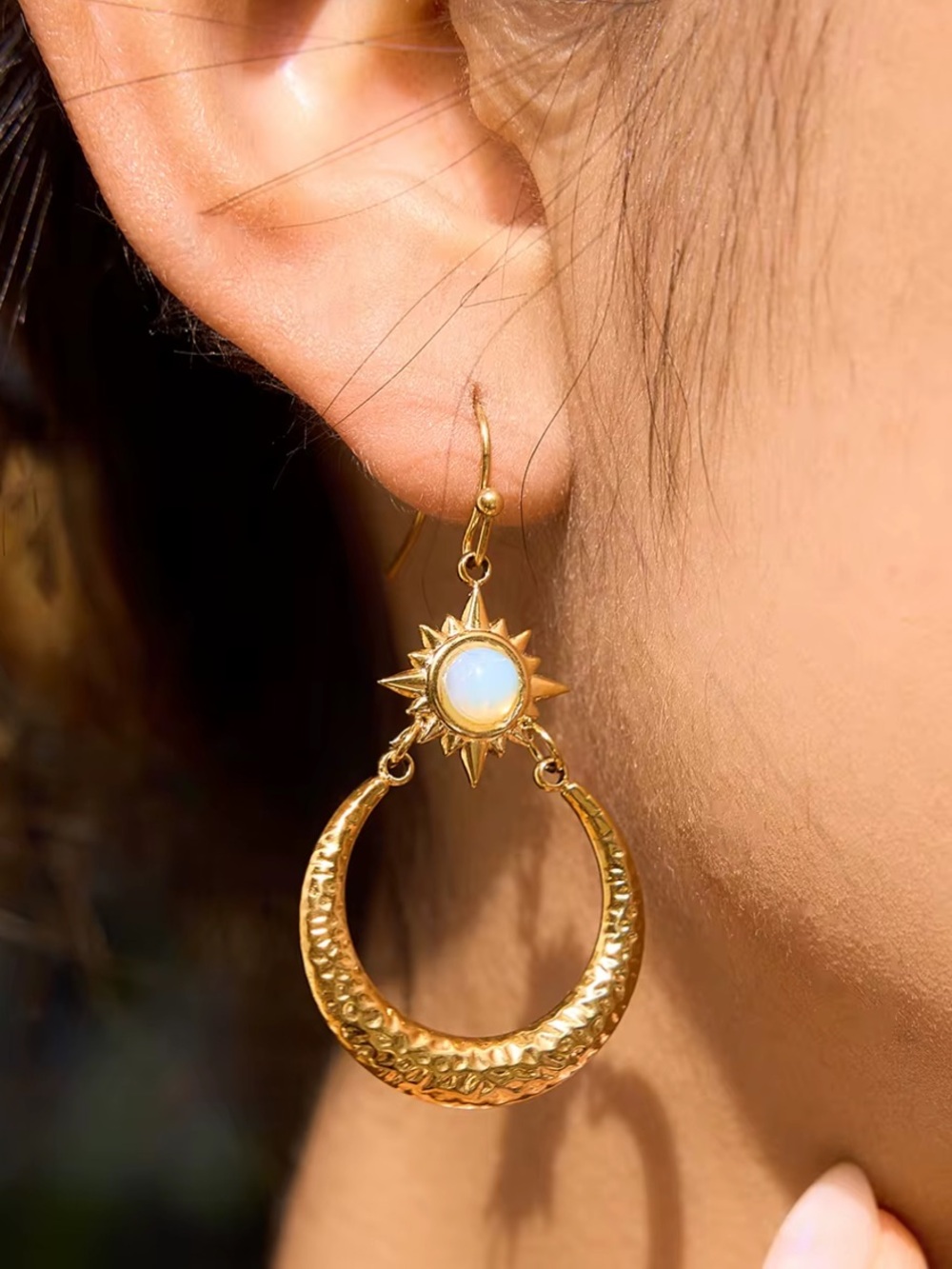 Gold Sunburst Hoop Earrings with Opal Accent